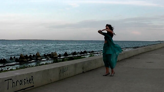 Dancing by Embankment with Blue Shawl
