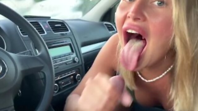 Public Handjob, Eyes Contact, Cum In Mouth, Swallow