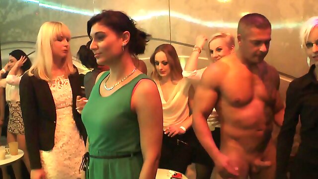 Naughty chicks take turns at playing with cocks at the party