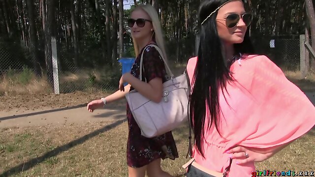 Kinky lesbian outdoors sex with sexy models Keira and Michelle Louie