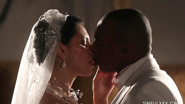 Romantic interracial sex with handsome bride Kira Queen in stockings