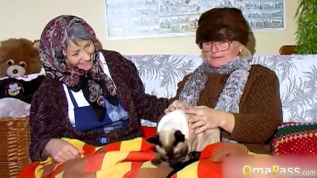 Granny lesbians playing with natural tits and masturbating hairy pussy with dildo