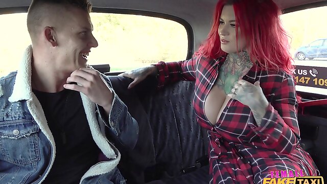 Tattooed taxi driver Sabien DeMonia flashes tits and gets fucked