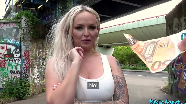 Tattooed blonde slut Louise Lee fucked in the public place