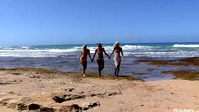 Boroka Bolls and her blonde friends love having lesbian fun on a beach