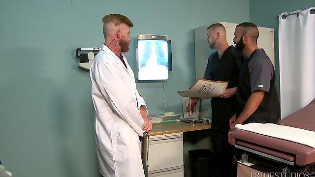 Gay threesome at the doctors office with mature orderlies