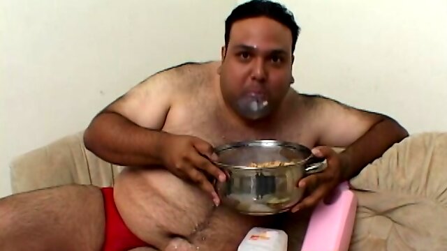 Fat dude eating a cake gets his cock pleasured by Vanilla Skye