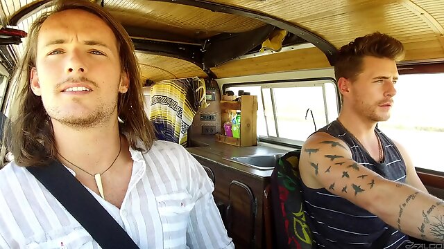 Two hippie dudes pick up a hitchhiker and have gay threesome