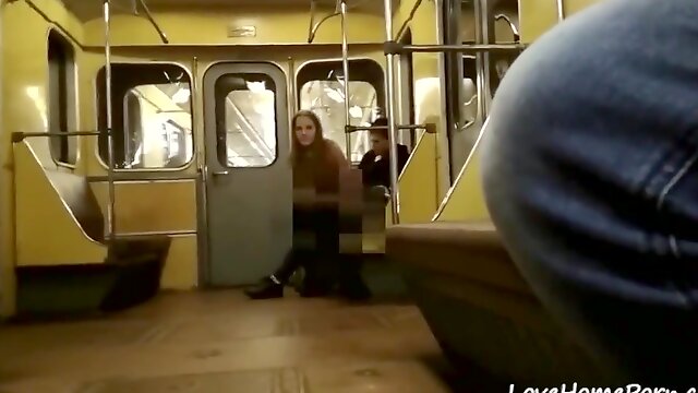 Horny amateur couple fuck on the public train