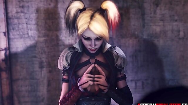 Sexy and curvy blonde evil chick Harley Quinn takes big dick in her mouth