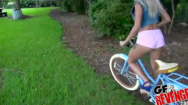 Tight blonde Marsha May needs cum in her mouth after a bike ride