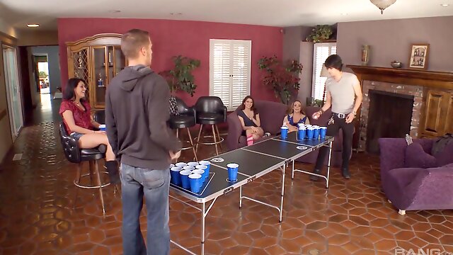 Sexy girls and guys like to play beer pong while they strip