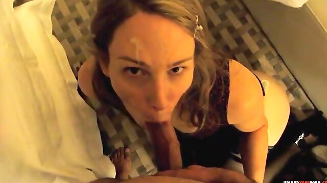 Horny milf sucking her boyfriends dick and recive a facial