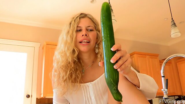 Big green veggie and a beautiful blonde girl fucking