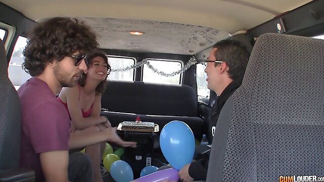 Party in the van with a skinny hairy girl getting fucked