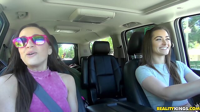 Busty teens having an amazing lesbian adventure inside the car