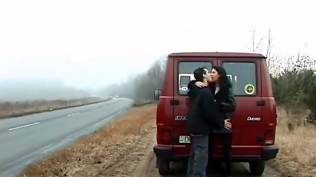 Long haired milf sucks a thick cock and gets slammed in the back of a van