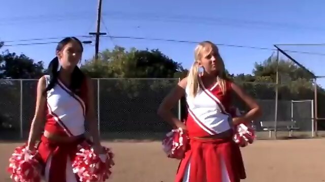 Two naughty cheerleaders in pigtails fuck the coach