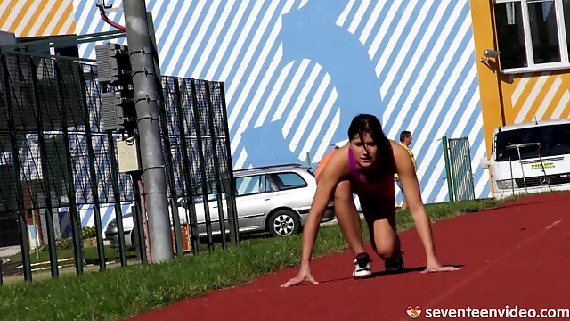 A hot track star finishes her workout by fucking her hairy pussy