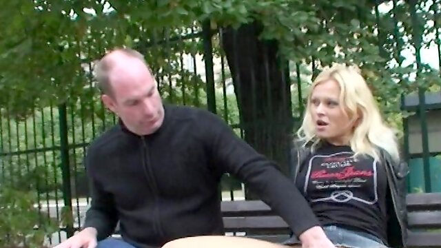 Katja is so horny she sits on his cock on a public park bench