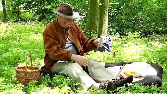 Sweet nymph in the woods lets this horny grandpa fuck her