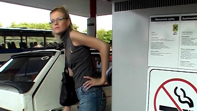 Slut at the gas station bathroom has gloryhole sex