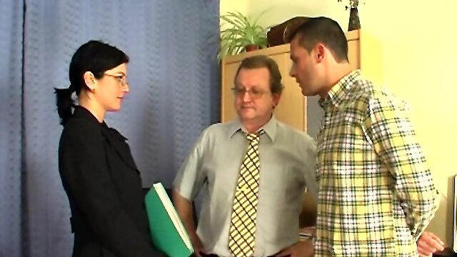 Gangbang for the new secretary with three facials on her glasses