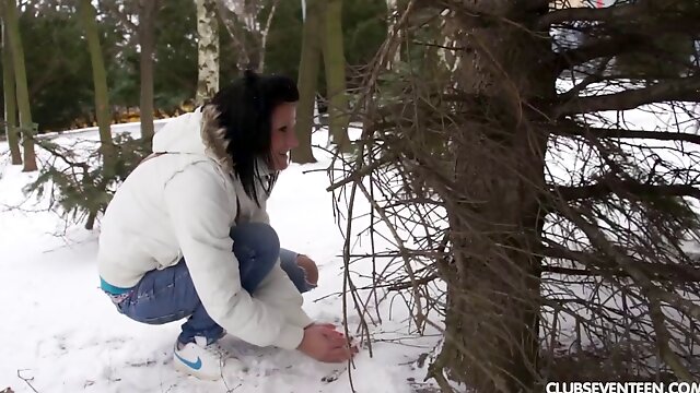 This couple has a snowball fight then goes inside to fuck