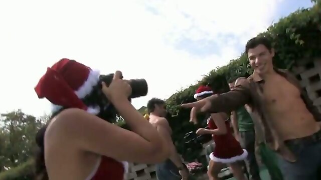 A few hot Santa girls enjoy ardent group banging on the poolside