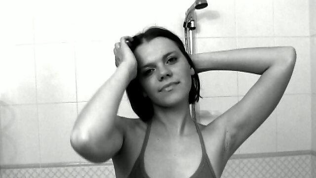 Erotic Solo Black and White Video with Short-Haired Brunette in Shower