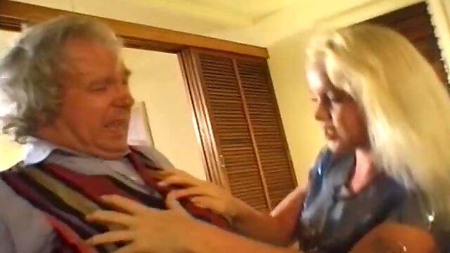 Horny blond fucks this grandpa, while two other babes share a hard cock