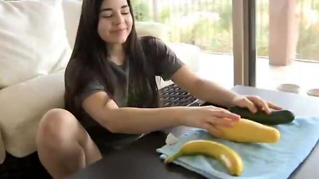 Naughty Nadine masturbates with three different fruits