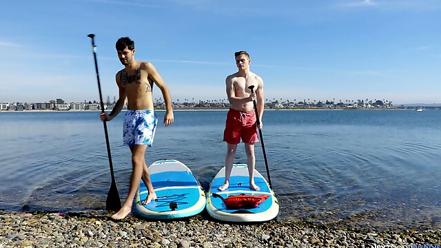 Hot guys Jay Tee and Leeroy Jones paddle board before boning