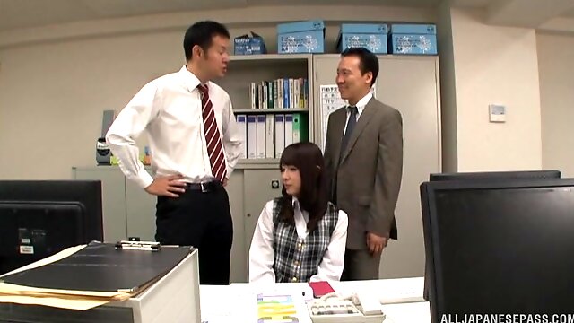 Guys in suits fuck this shy looking Japanese office girl in hardcore modes