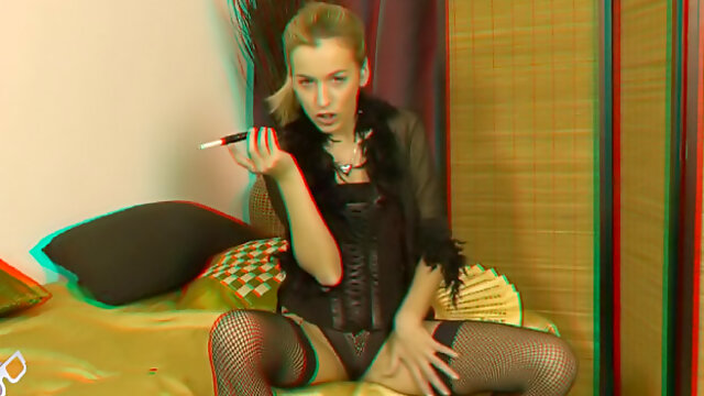 Hot smoking blonde Elena in sexy black stockings