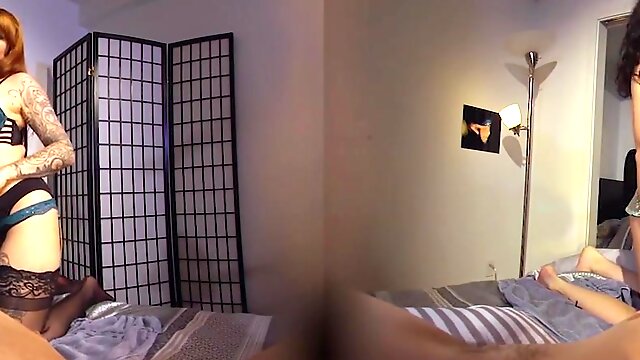 Homemade VR video with two sexy babes taking turns riding one dick