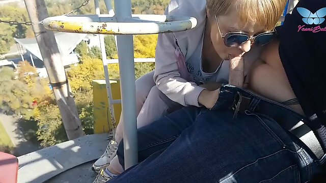 Russian MILF public blowjob and cum swallow Ferris wheel