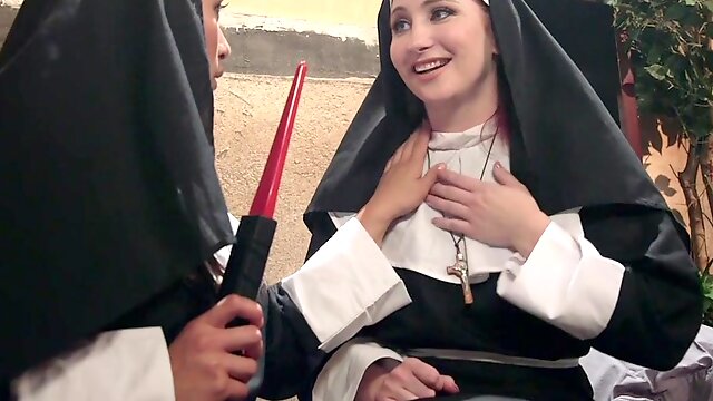 Nuns Mia Little and Sophia Locke love to sin with a large dildo