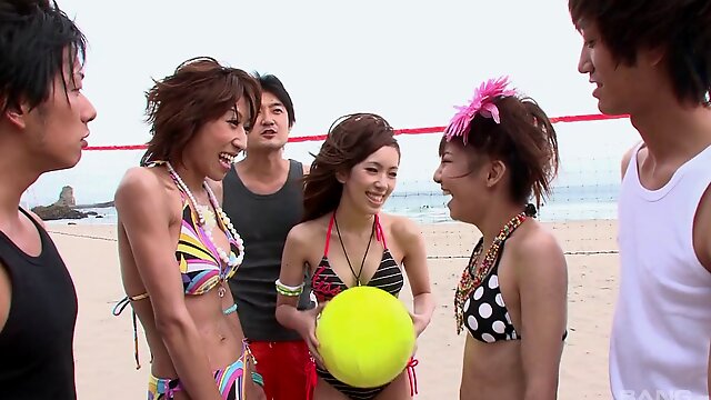 Beach volley and orgy with several ravishing Japanese chicks