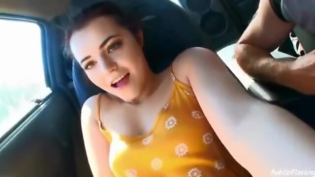 GF in yellow mini dress is flashing pussy and boobs in store