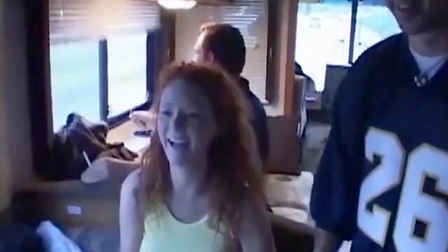 Curly redhead busty teen picked up for wild double penetration bangvan fuck orgy