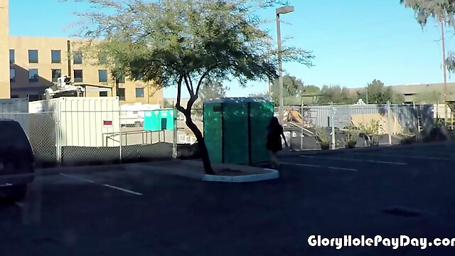 Teen swallows strangers cum in porta potty gloryhole in public parking lot