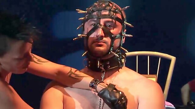 Extreme crazy fetish bdsm needle porn show on european public show stage