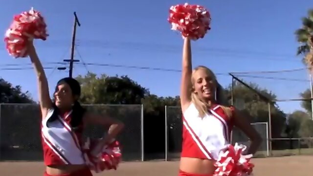 Cheerleader girls in pigtails go home with him to enjoy big dick