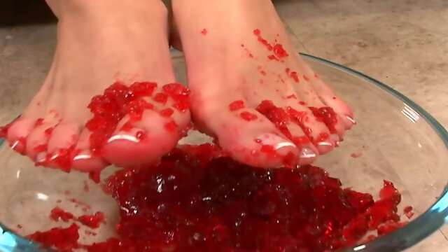 Foot fun with food on her toes then he cums on her feet