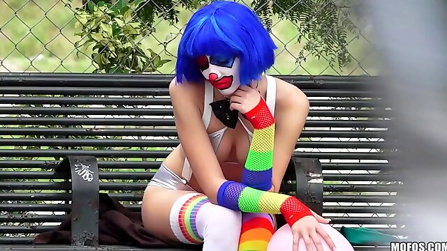 Cute and sad clown girl gets happy with a dick in her pussy