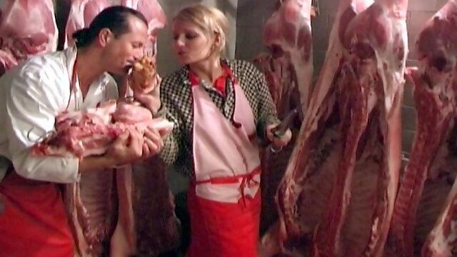 Blonde butcher gets her tight ass slaughtered by colleagues cock