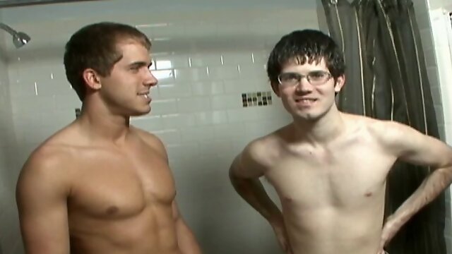 Two hot gay guys hook up and fuck in the locker room shower