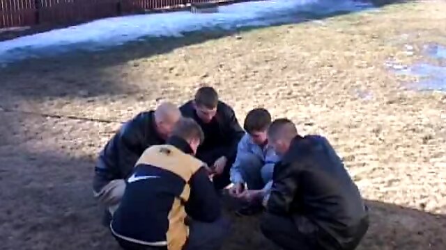 Slutty blonde girl gets gang banged by a group of guys