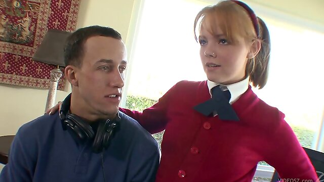 Cute coed Carolina West rides a cock while still in uniform